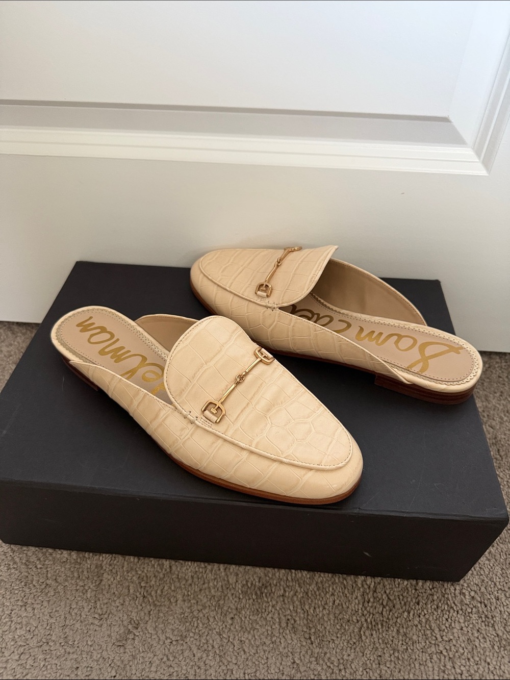 Sam Edelman Beige Croc-Embossed Slip-On Mules with Gold Hardware